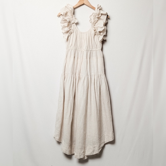 ULLA JOHNSON Rissa Dress Sand 100% Linen Midi Ruffle Tiered Cream Stripe 8 - Picture 8 of 14